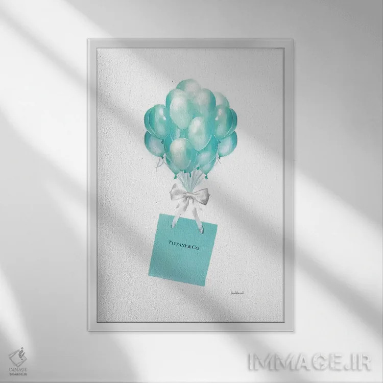 تابلو دکوراتیو Teal,بادکنک ها و کیسه های هدیه به رنگ فیروزه ای اثر آماندا گرینوود - نمای قابدار سفید