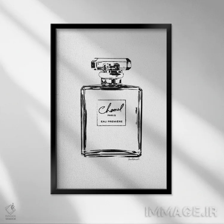 تابلو دکوراتیو طرح خطی بطری عطر مشکی اثر آماندا گرینوود - نمای قابدار مشکی