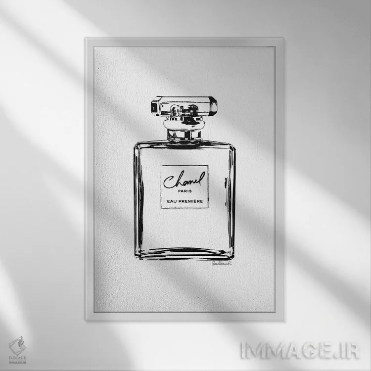 تابلو دکوراتیو طرح خطی بطری عطر مشکی اثر آماندا گرینوود - نمای قابدار سفید