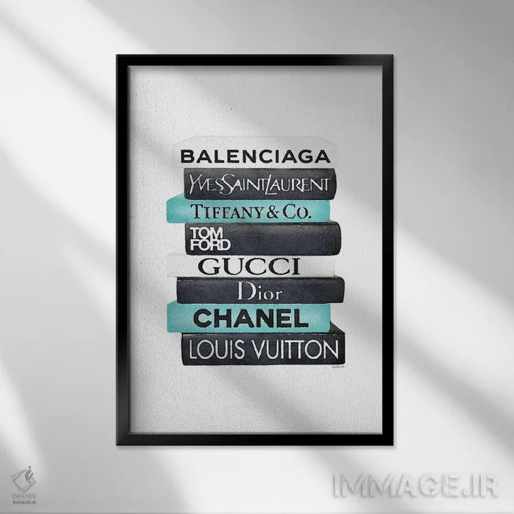 تابلو دکوراتیو White & Teal Book Stack,دسته کتاب مشکی، سفید و فیروزه ای اثر آماندا گرینوود - نمای قابدار مشکی