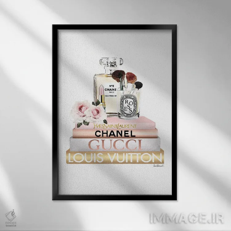 تابلو دکوراتیو Make Up Set And Roses,کتاب های صورتی روشن و طلایی، ست آر… اثر آماندا گرینوود - نمای قابدار مشکی