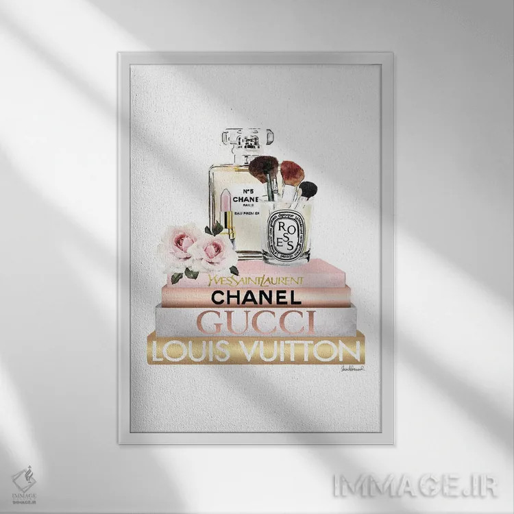 تابلو دکوراتیو Make Up Set And Roses,کتاب های صورتی روشن و طلایی، ست آر… اثر آماندا گرینوود - نمای قابدار سفید