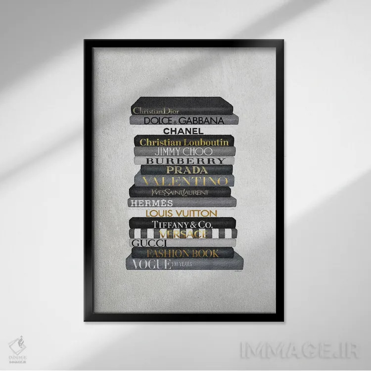 تابلو دکوراتیو Gold Font,دسته کتاب مد لوکس سیاه و سفید با نوشته طلایی اثر آماندا گرینوود - نمای قابدار مشکی