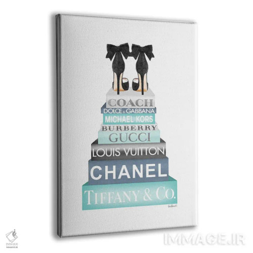 تابلو دکوراتیو Blue, Teal And Grey With Bow Shoes,کتاب های بلند، آبی، ف… اثر آماندا گرینوود - نمای پرسپکتیو محصول