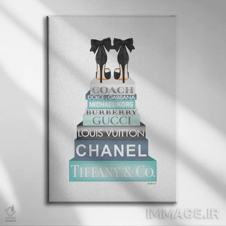 تابلو دکوراتیو Blue, Teal And Grey With Bow Shoes,کتاب های بلند، آبی، ف… اثر آماندا گرینوود - نمای روبهرو روی دیوار