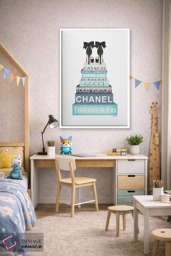 تابلو دکوراتیو Blue, Teal And Grey With Bow Shoes,کتاب های بلند، آبی، ف… اثر آماندا گرینوود - D1W