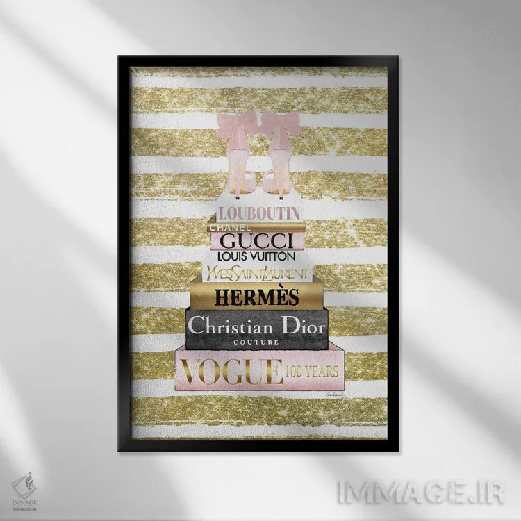 تابلو دکوراتیو Glitter Stripe,دسته کتاب بلند صورتی و طلایی با کفش های پ… اثر آماندا گرینوود - نمای قابدار مشکی
