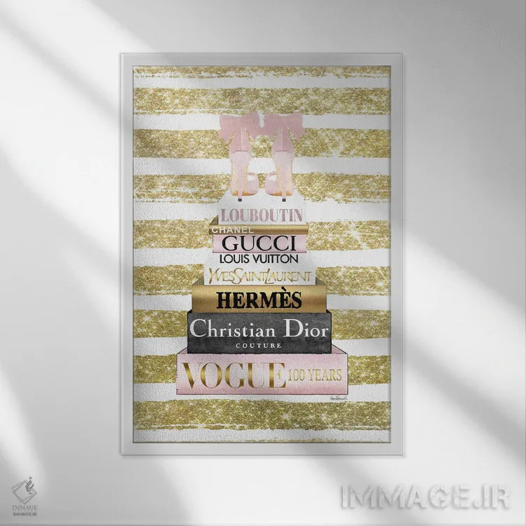 تابلو دکوراتیو Glitter Stripe,دسته کتاب بلند صورتی و طلایی با کفش های پ… اثر آماندا گرینوود - نمای قابدار سفید