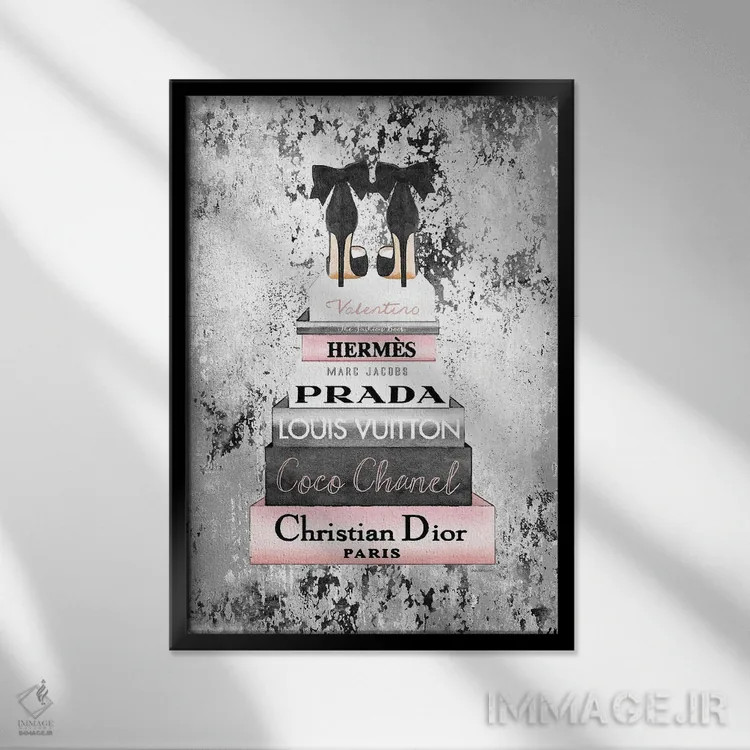 تابلو دکوراتیو Grunge Background,دسته کتاب بلند صورتی و خاکستری با کفش… اثر آماندا گرینوود - نمای قابدار مشکی