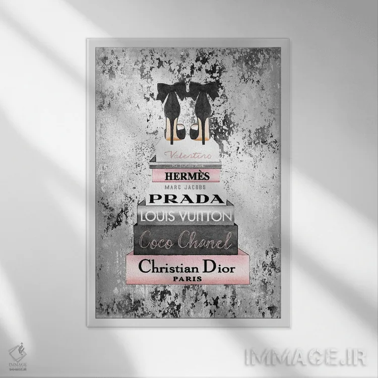 تابلو دکوراتیو Grunge Background,دسته کتاب بلند صورتی و خاکستری با کفش… اثر آماندا گرینوود - نمای قابدار سفید