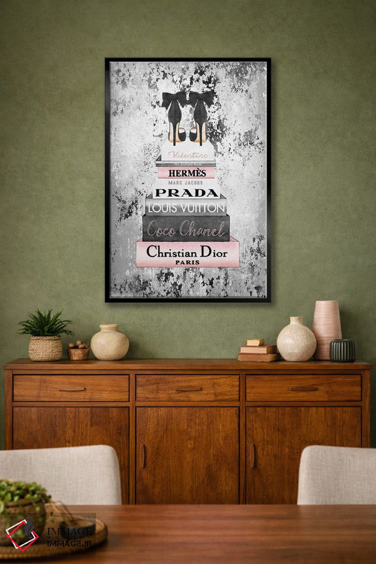 تابلو دکوراتیو Grunge Background,دسته کتاب بلند صورتی و خاکستری با کفش… اثر آماندا گرینوود - D2B