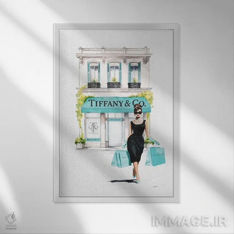تابلو دکوراتیو خرید از ویترین فروشگاه به رنگ فیروزه ای اثر آماندا گرینوود - نمای قابدار سفید