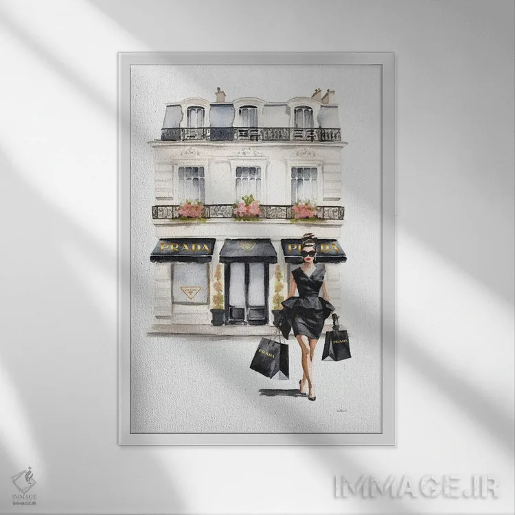 تابلو دکوراتیو خرید از ویترین فروشگاه به رنگ مشکی اثر آماندا گرینوود - نمای قابدار سفید