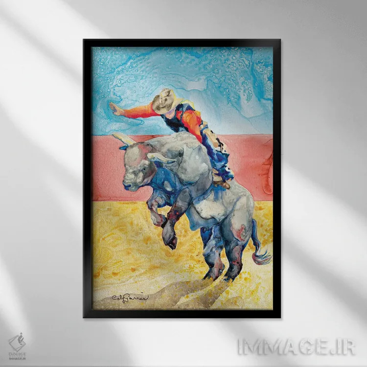 تابلو دکوراتیو سوار بر گاو اثر کالی گاریس - نمای قابدار مشکی