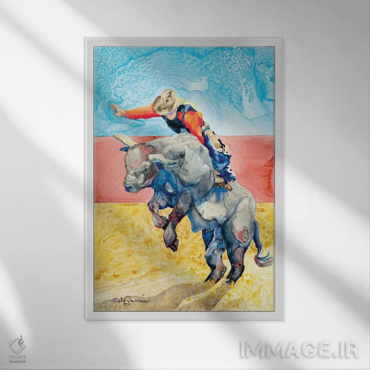 تابلو دکوراتیو سوار بر گاو اثر کالی گاریس - نمای قابدار سفید