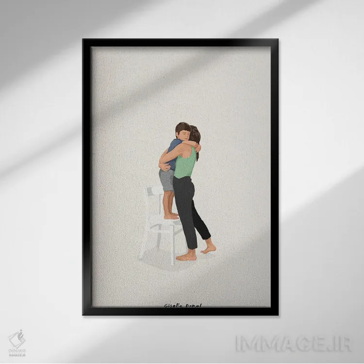 تابلو مینیمال مادر و پسر اثر گیسل دکل - نمای قابدار مشکی