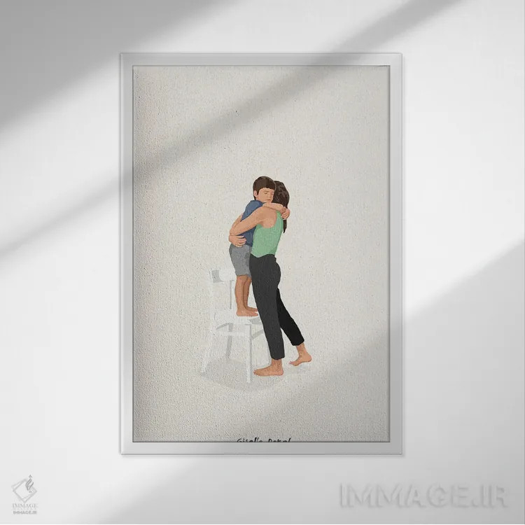 تابلو مینیمال مادر و پسر اثر گیسل دکل - نمای قابدار سفید