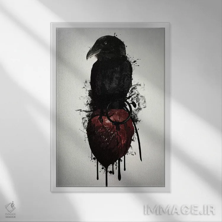 تابلو دکوراتیو کلاغ و نارنجک قلبی اثر نیکلاس گوستافسون - نمای قابدار سفید