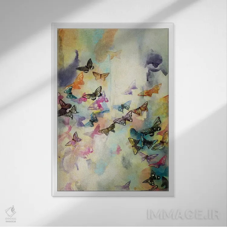 تابلو انتزاعی پروانه ها ۳ اثر گابریلا ویارریل - نمای قابدار سفید