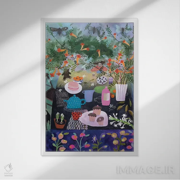تابلو دکوراتیو چای با مادربزرگ اثر گرتی یانگ - نمای قابدار سفید