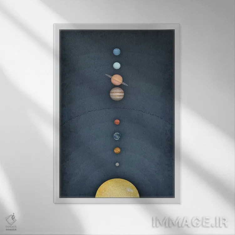 تابلو دکوراتیو منظومه شمسی روی زمینه آبی ۲ اثر گت یور نرد آن - نمای قابدار سفید