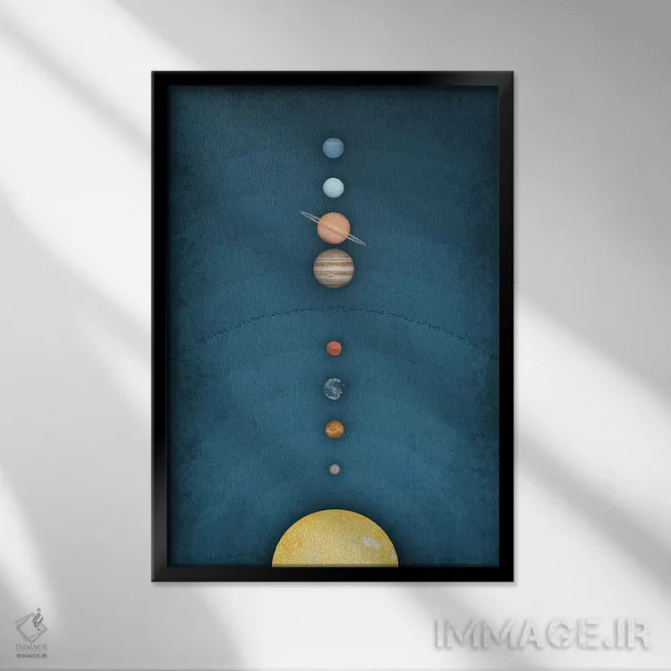 تابلو دکوراتیو منظومه شمسی روی زمینه آبی ۱ اثر گت یور نرد آن - نمای قابدار مشکی