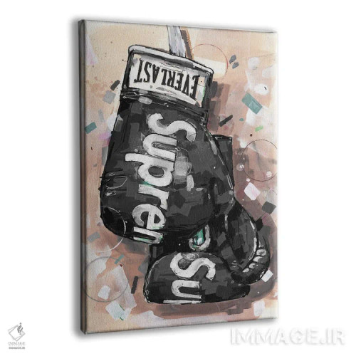تابلو دکوراتیو دستکش بوکس مشکی Supreme و Everlast اثر ژوس هوپن برورز - نمای پرسپکتیو محصول