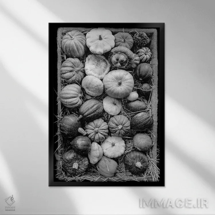 تابلو دکوراتیو سبد کدو انگلیسی اثر استیفن هاجتس - نمای قابدار مشکی