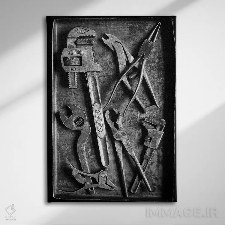 تابلو دکوراتیو مجموعه ای از ابزارآلات قدیمی اثر استیفن هاجتس - نمای روبهرو روی دیوار