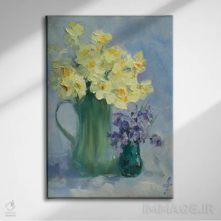 تابلو دکوراتیو دسته گل نرگس و سنبل اثر کنتس آرت - نمای روبهرو روی دیوار