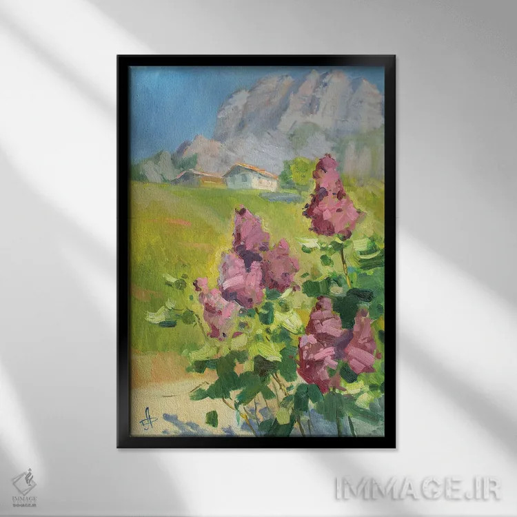 تابلو دکوراتیو یاس بنفش در کوه دیمردژی اثر کنتس آرت - نمای قابدار مشکی