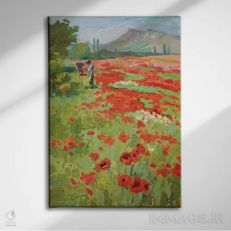 تابلو دکوراتیو نقاشی در فضای باز روی مزرعه شقایق اثر کنتس آرت - نمای روبهرو روی دیوار