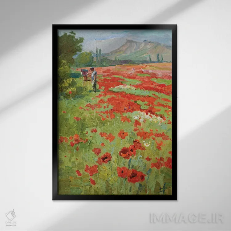 تابلو دکوراتیو نقاشی در فضای باز روی مزرعه شقایق اثر کنتس آرت - نمای قابدار مشکی
