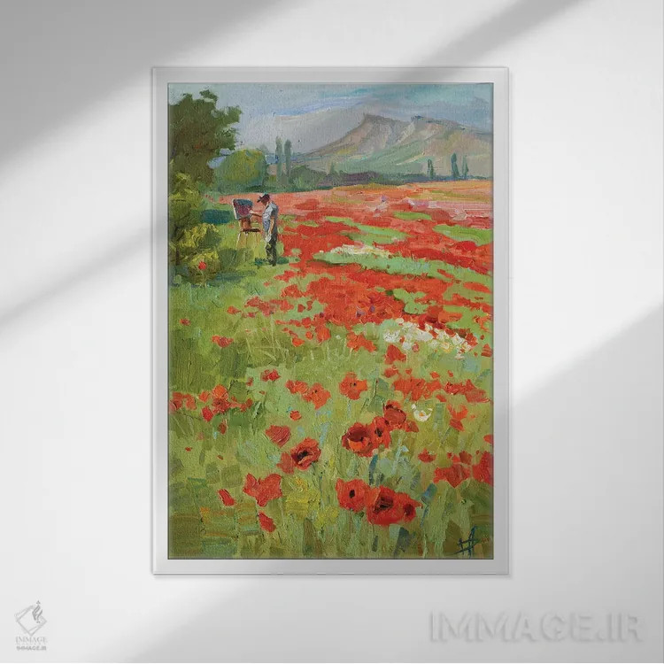 تابلو دکوراتیو نقاشی در فضای باز روی مزرعه شقایق اثر کنتس آرت - نمای قابدار سفید