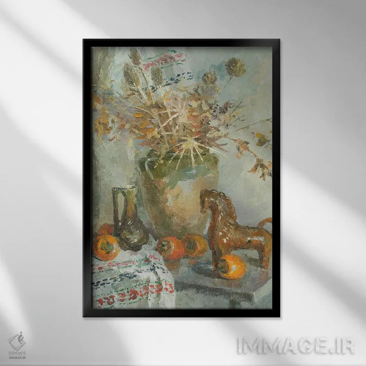 تابلو دکوراتیو طبیعت بی جان با خرمالو اثر کنتس آرت - نمای قابدار مشکی