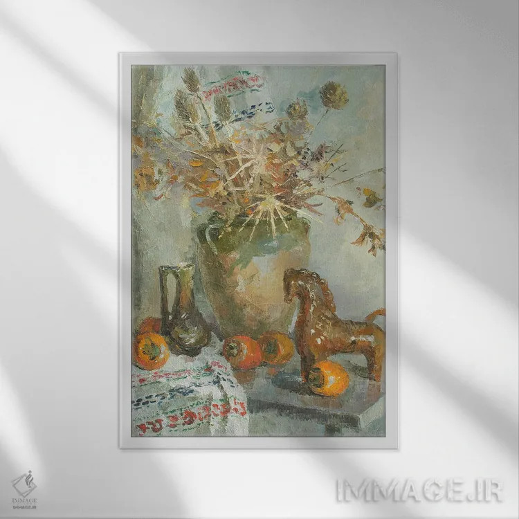 تابلو دکوراتیو طبیعت بی جان با خرمالو اثر کنتس آرت - نمای قابدار سفید