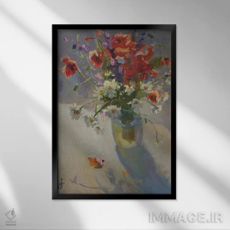 تابلو دکوراتیو طبیعت بی جان شقایق و بابونه اثر کنتس آرت - نمای قابدار مشکی