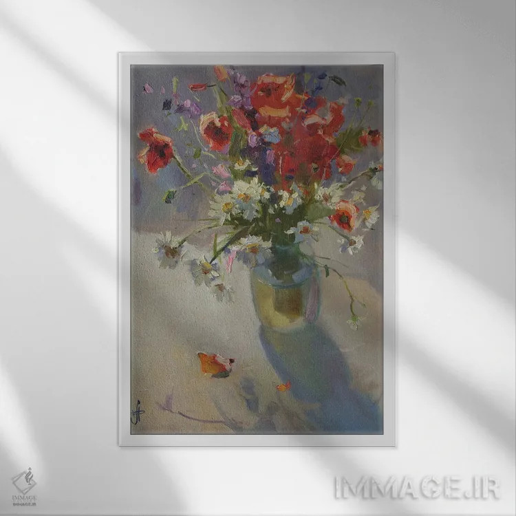 تابلو دکوراتیو طبیعت بی جان شقایق و بابونه اثر کنتس آرت - نمای قابدار سفید