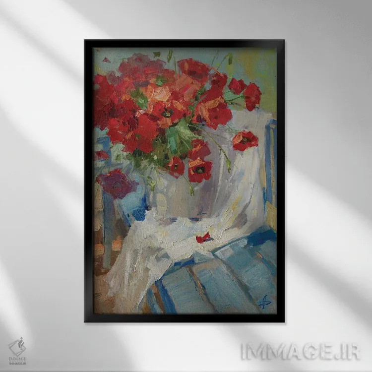 تابلو دکوراتیو نیمکت آبی اثر کنتس آرت - نمای قابدار مشکی