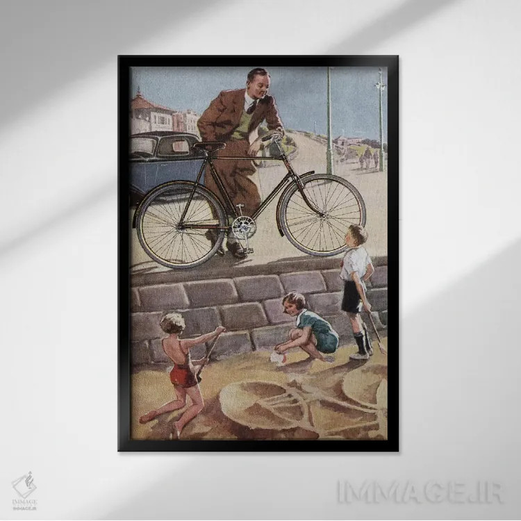 تابلو دکوراتیو دوچرخه سواری در شن اثر همینگوی دیزاین - نمای قابدار مشکی