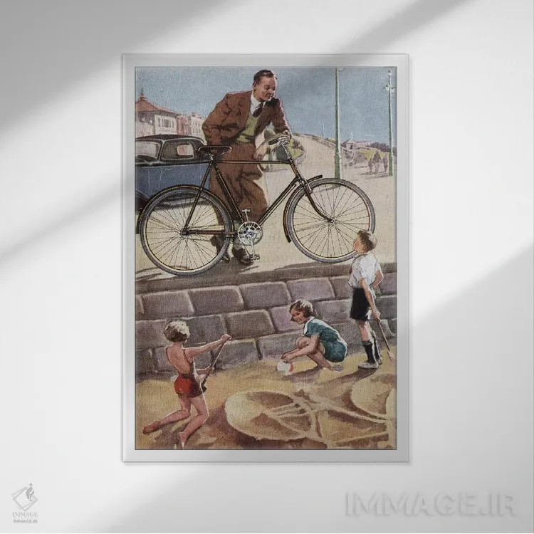تابلو دکوراتیو دوچرخه سواری در شن اثر همینگوی دیزاین - نمای قابدار سفید