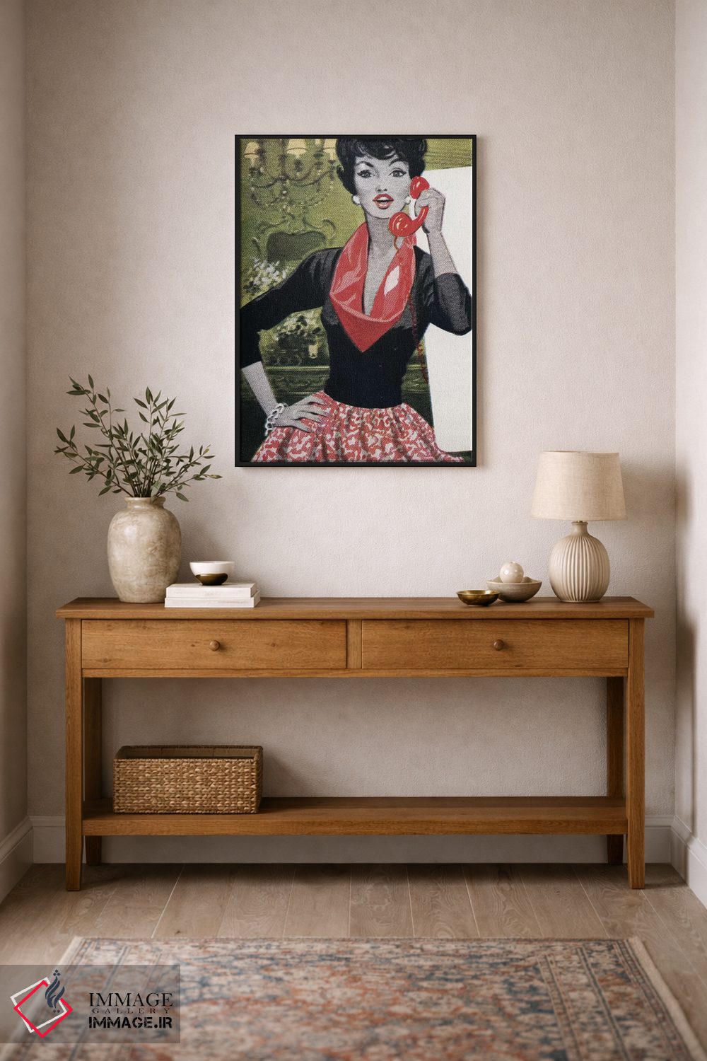 تابلو دکوراتیو Red Scarf, Red Lips And Red Skirt,تلفن قرمز، شال قرمز، ل… اثر همینگوی دیزاین - D2B