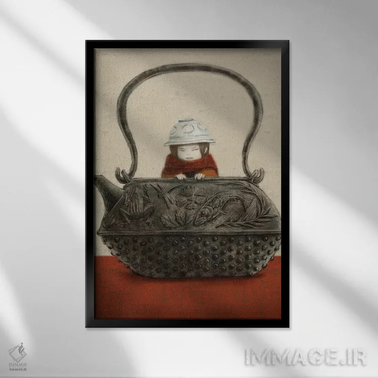 تابلو دکوراتیو کتری آهنی بژ اثر هیرویوشی کوراوا - نمای قابدار مشکی