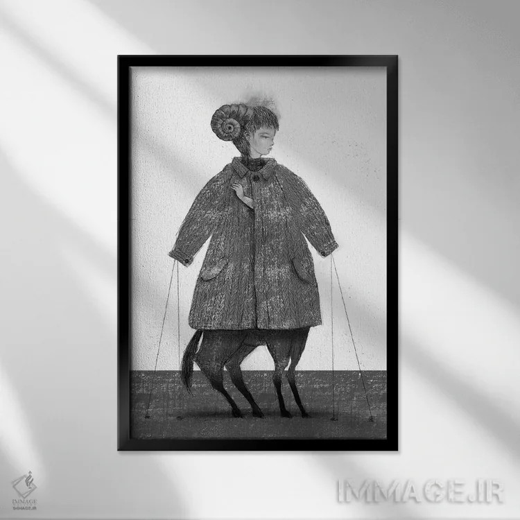 تابلو دکوراتیو زغال سنگ شاخ گوسفند اثر هیرویوشی کوراوا - نمای قابدار مشکی