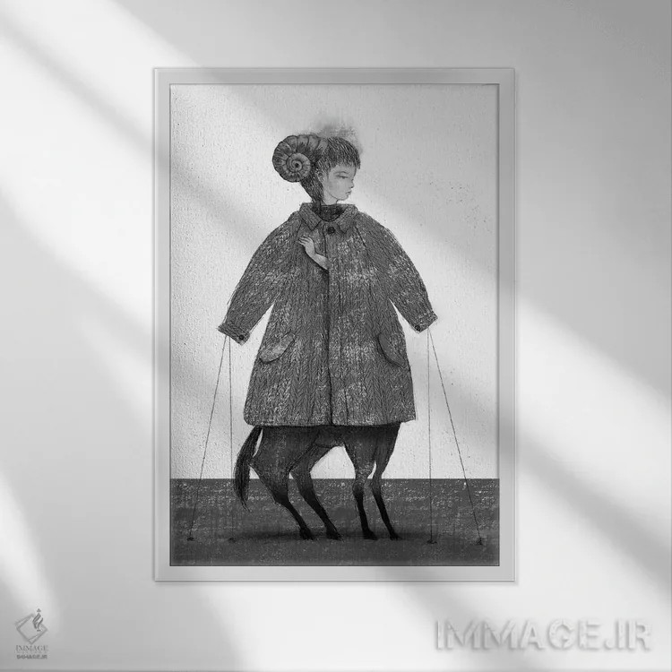 تابلو دکوراتیو زغال سنگ شاخ گوسفند اثر هیرویوشی کوراوا - نمای قابدار سفید