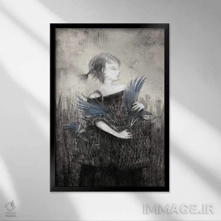 تابلو دکوراتیو زغال سنگ سبد کلاغ اثر هیرویوشی کوراوا - نمای قابدار مشکی