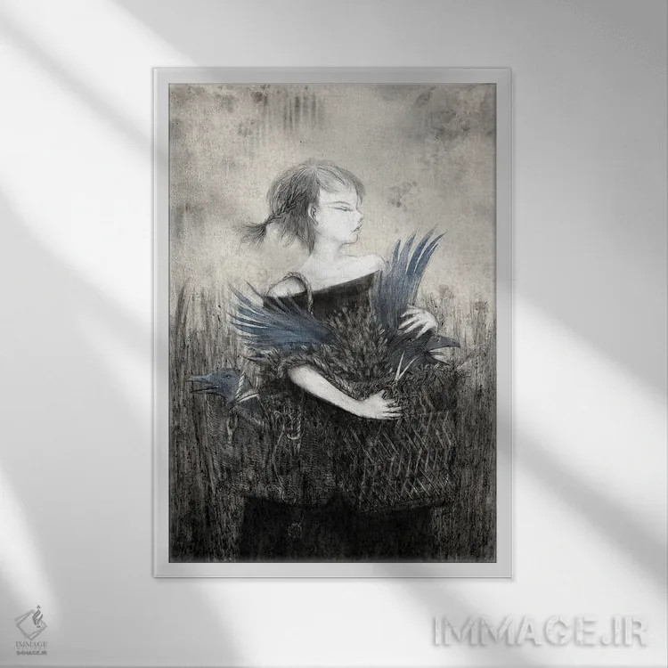 تابلو دکوراتیو زغال سنگ سبد کلاغ اثر هیرویوشی کوراوا - نمای قابدار سفید