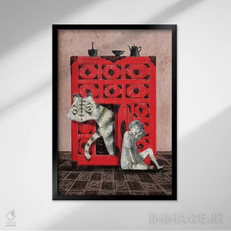 تابلو دکوراتیو ببر در سینه هلوئی اثر هیرویوشی کوراوا - نمای قابدار مشکی
