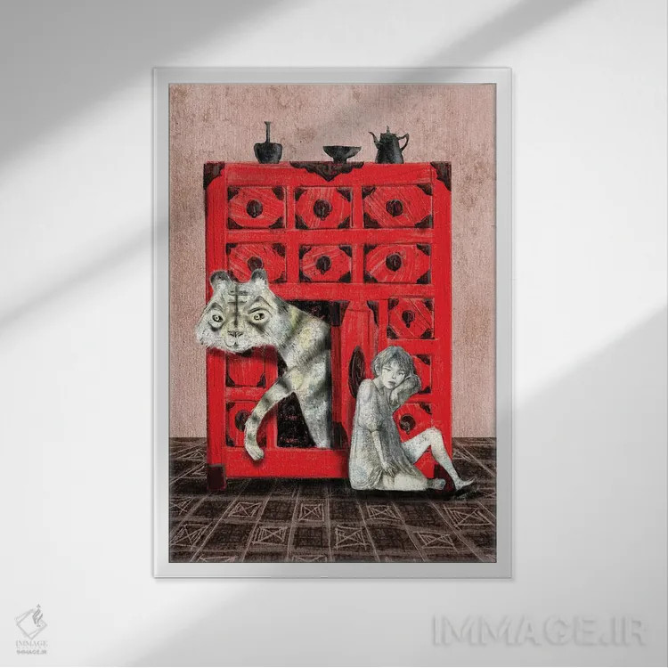 تابلو دکوراتیو ببر در سینه هلوئی اثر هیرویوشی کوراوا - نمای قابدار سفید