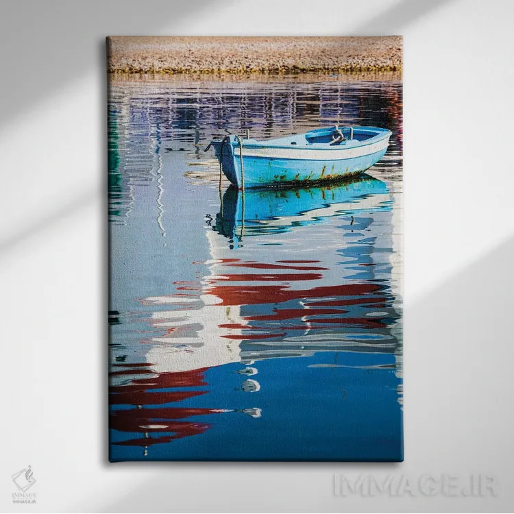 تابلو دکوراتیو Mykonos, Hora, Fishing Boat and Reflection of a Church in th… اثر هولیس لونی - نمای روبهرو روی دیوار